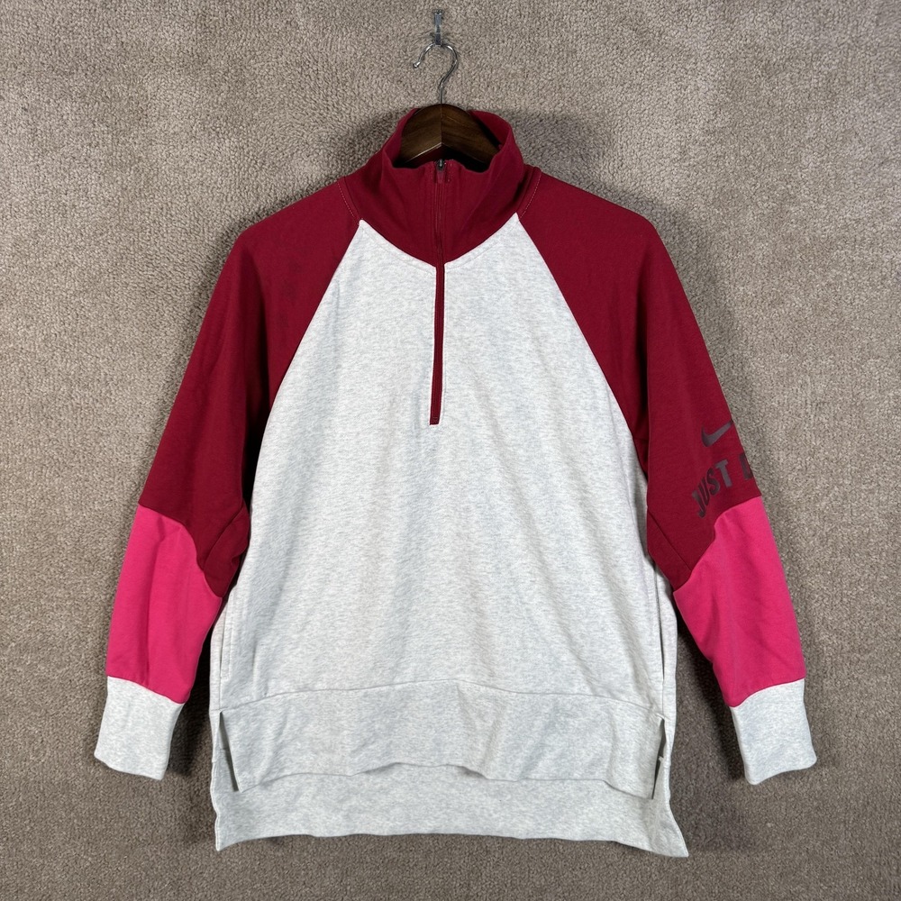 Nike Dri Fit Sweatshirt Womens Medium Gray Red Quarter Zip Just Do It Pullover - Picture 2 of 13